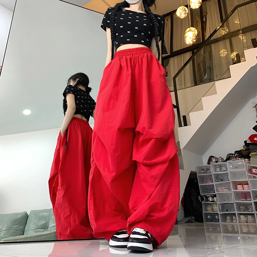 薄款美式红色褶皱阔腿速干工装裤女夏街头爵士跳舞裤休闲拖地裤子