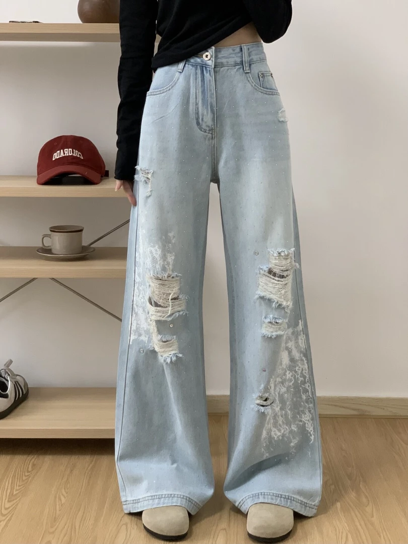 微胖mm烫钻破洞直筒拖地牛仔裤女夏季新款高腰宽松蕾丝拼接阔腿裤