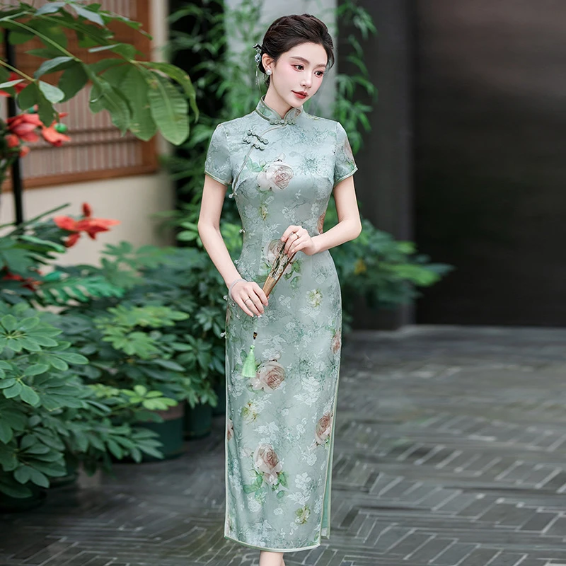 C25001绿色真丝提花弹力缎桑蚕丝旗袍中式连衣裙日常2025春夏新款