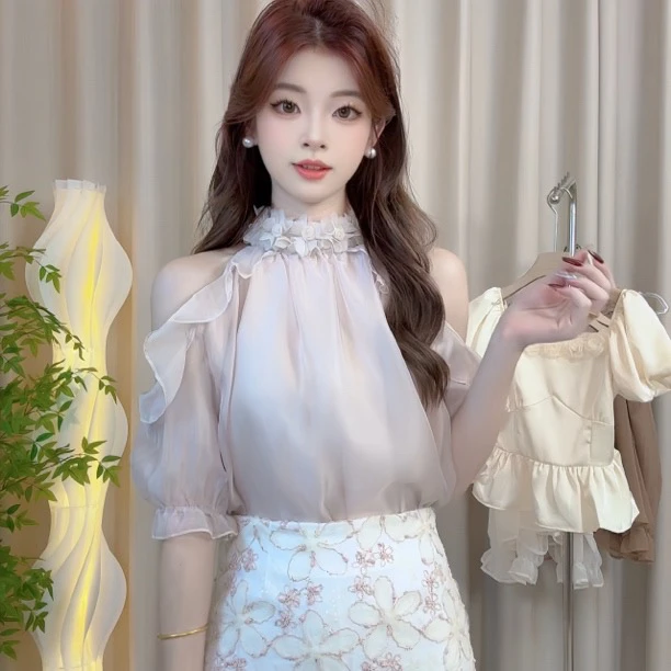 设计感纯欲挂脖露肩衬衫女2025新款上衣宽松显瘦别致漂亮小衫