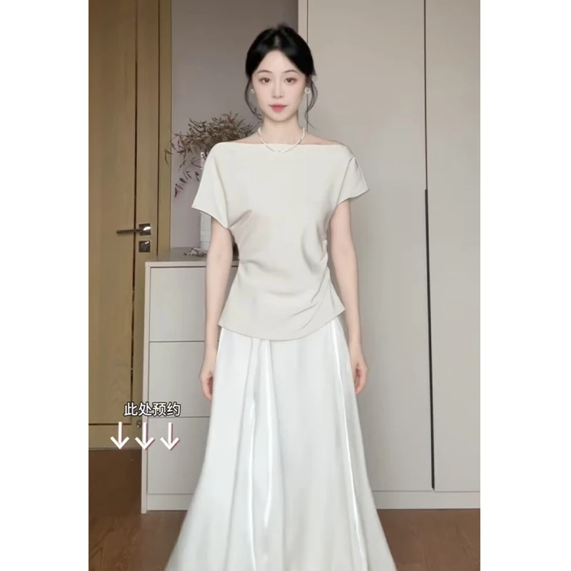 韩系简约穿搭时尚套装女夏季气质斜肩短袖T恤高腰半身长裙两件套