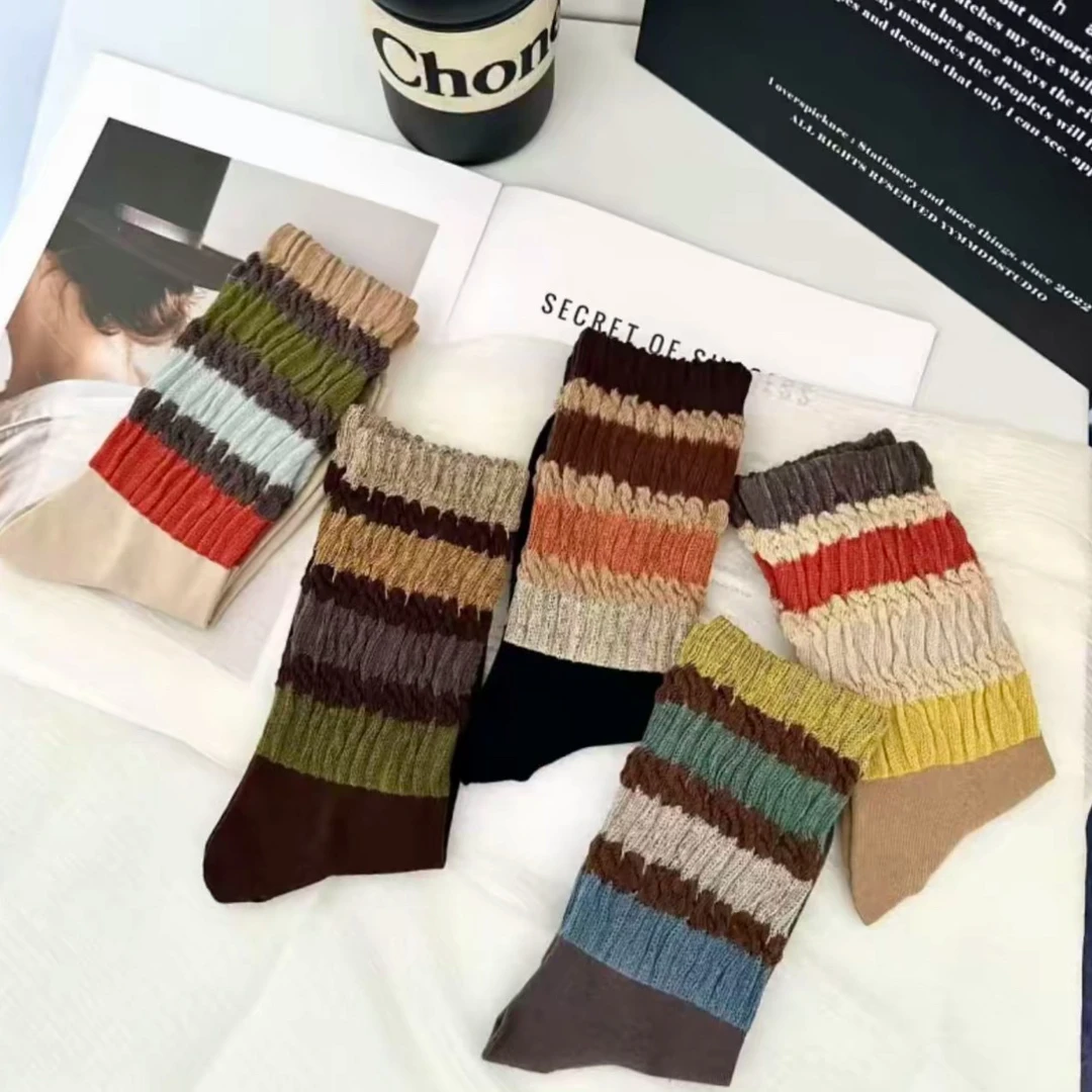 袜子女秋冬季新款松口中筒袜网红彩虹罗口堆堆袜好看袜子诸暨袜业