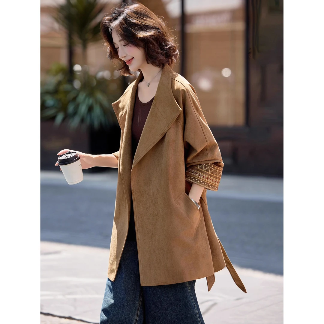 复古咖色麂皮绒风衣女中长款2025秋季新款气质减龄超好看大衣外套