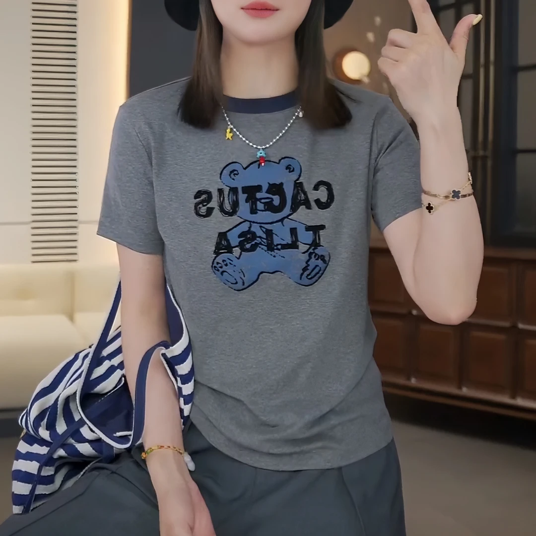 小熊T韩系风夏季新款撞色短袖T恤女灰色时尚百搭趣味印花圆领上衣