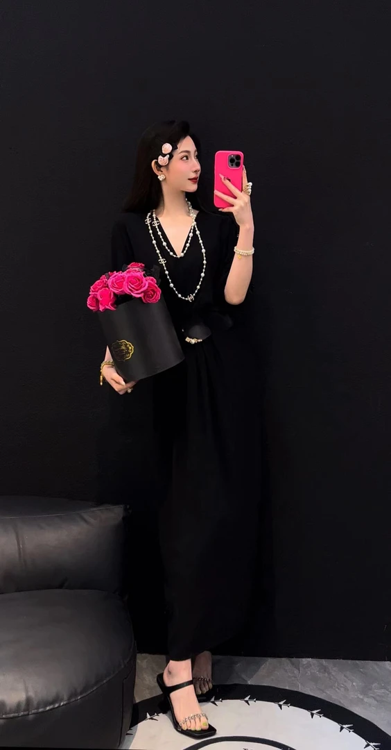 9916-B-7-6-2  新款女时尚气质修身垂坠连衣裙纯色轻奢优雅连衣裙
