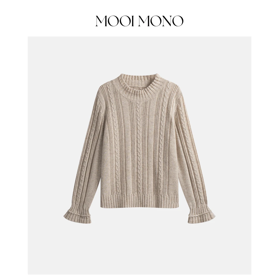 MOOI MONO"漫行香榭"显瘦气质羊毛木耳边亮片花纱套头毛衣M232Z54