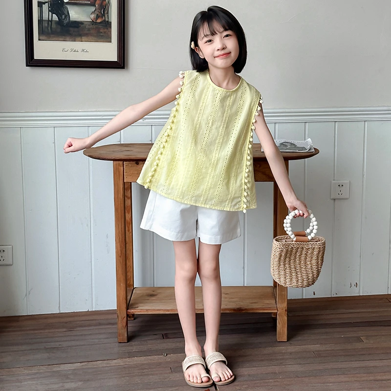 女童夏季纯色圆领女学院风无袖衬衫夏装2025新款儿童洋气夏季童装