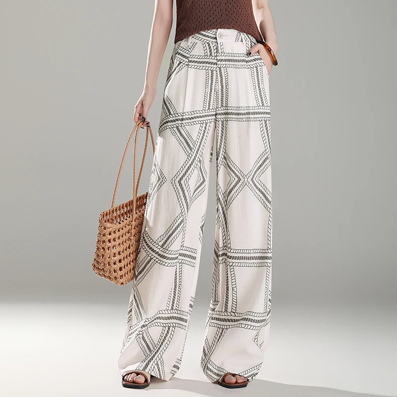 时尚慵懒风亚麻印花阔腿裤女2025夏季薄款高腰宽松垂感休闲长裤子