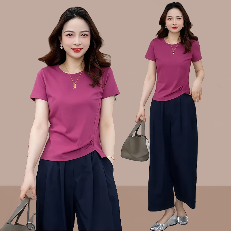 高含棉高级感时髦褶皱拼接短袖t恤女2025年夏季新款简约百搭上衣