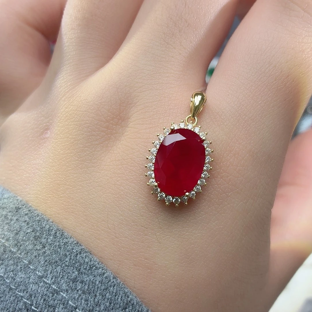 吊坠925银培育鸽血红色宝石
