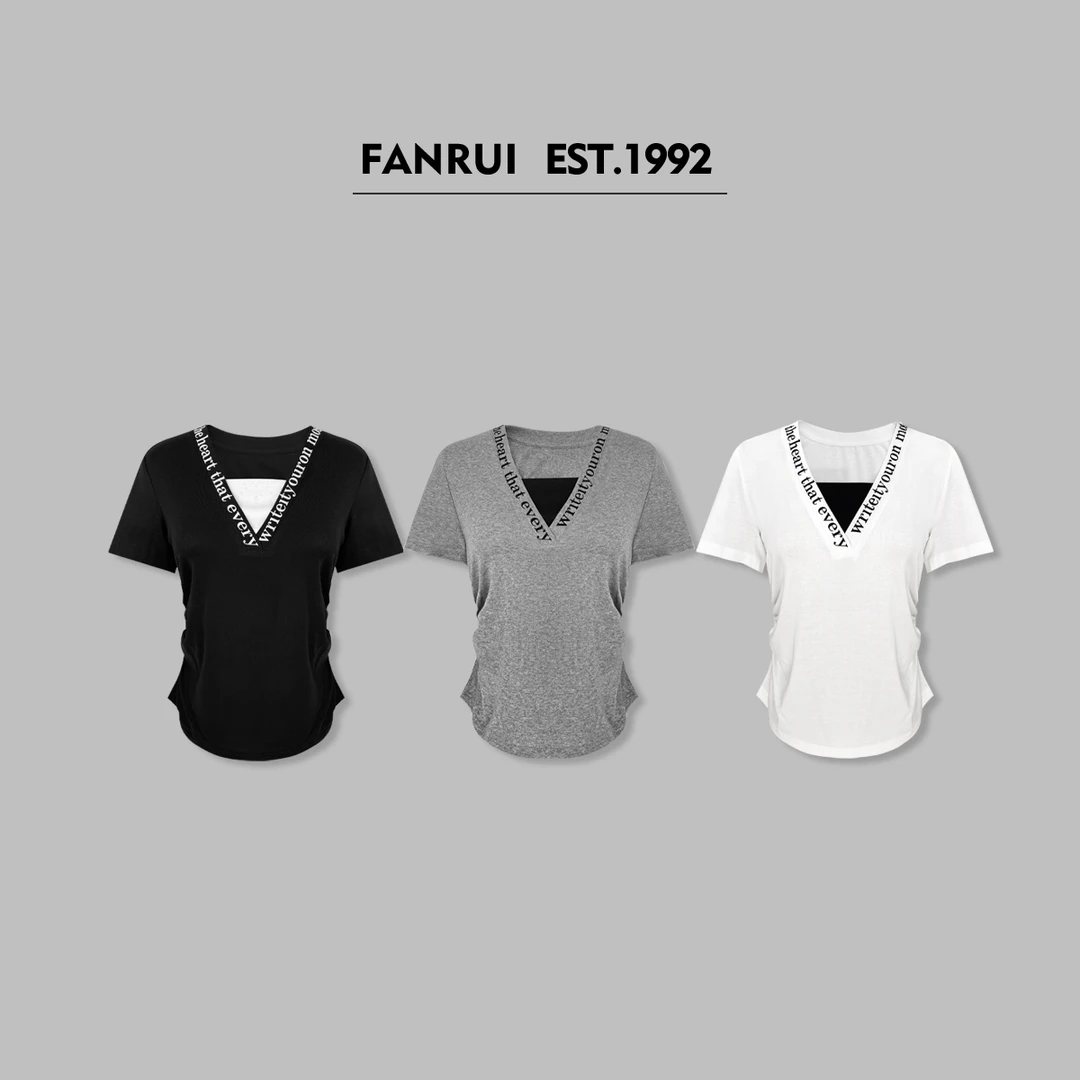 FANRUI/泛芮「夜影阑珊」新款拼接撞色刺绣V领设计感短袖T恤XL16097