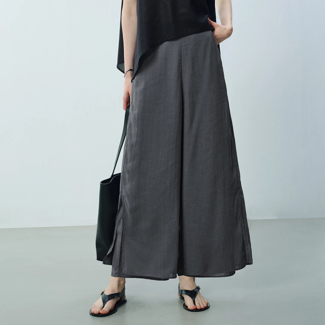 giordano ladies老钱风亚麻感双层阔腿九分裤女半松紧腰02425015