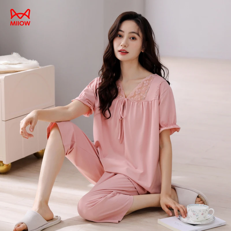 猫人夏季薄款七分裤家居服套装大码睡衣莫代尔套装薄款可露丽风