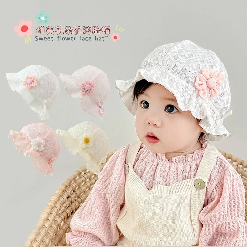 婴幼儿帽子薄款洋气公主宝宝渔夫帽夏季宝宝系带花苞帽遮阳胎帽