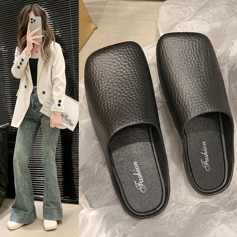 YJJ一脚蹬休闲包头平底半拖鞋女外穿2025秋季防滑软底懒人百搭鞋