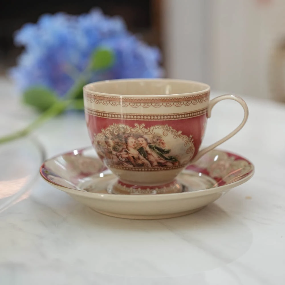 【奇居巍】西洋中古瓷器 红色古典花边咖啡杯碟 人物#H1886