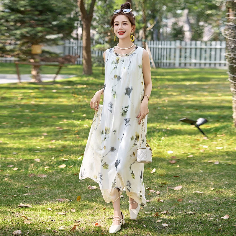 PINKWIN2025夏季新款真丝无袖花卉连衣裙女高级感度假长裙