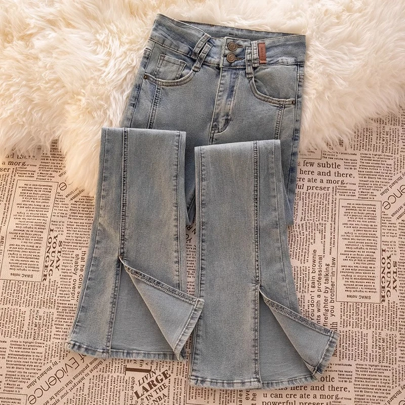 浅色开叉微喇牛仔裤女2025秋季新款加绒弹力高腰显瘦修身喇叭裤女