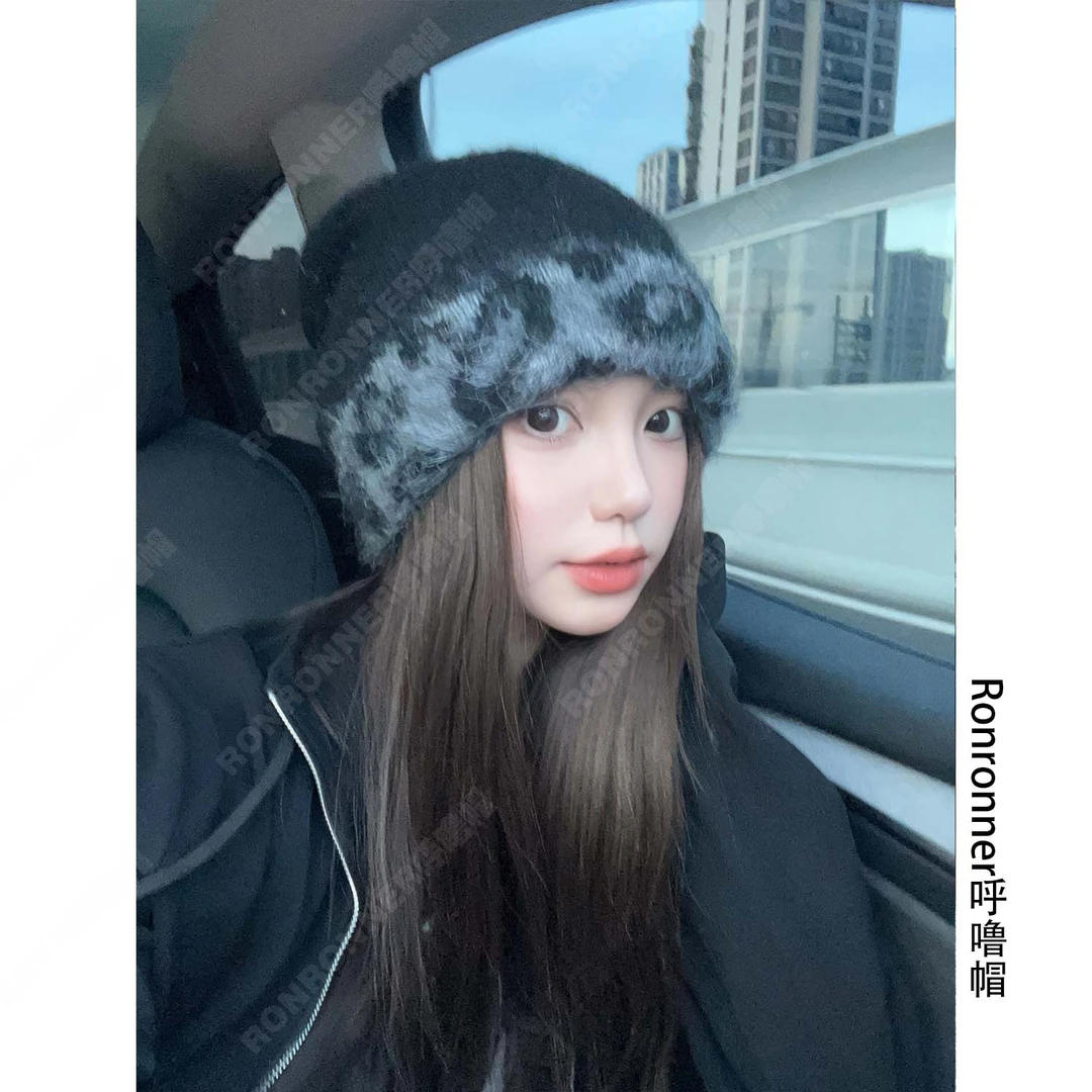 RONRONNER呼噜帽 潮牌豹纹毛线毛冷帽女出游