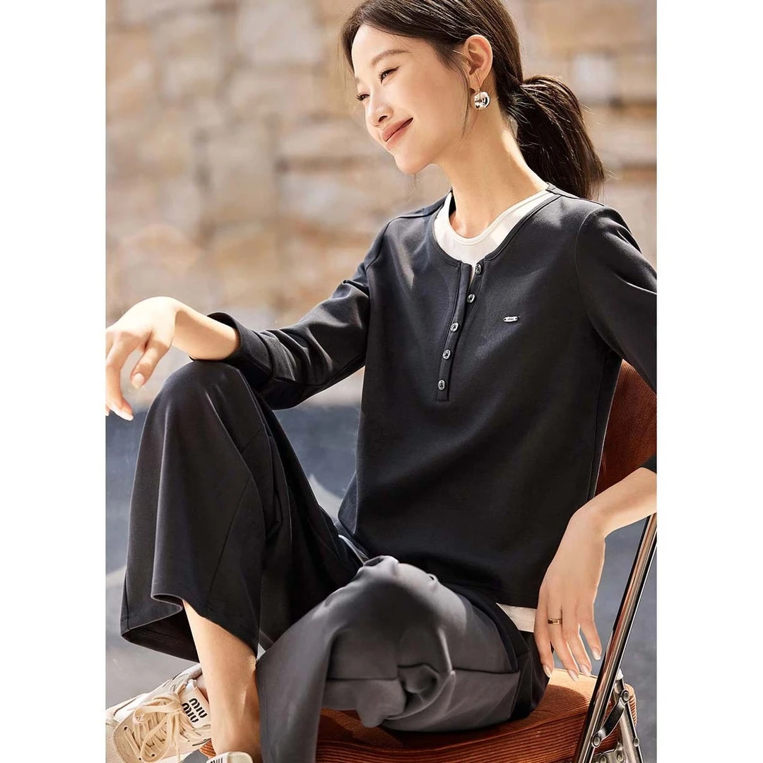 质感拼接套装2025秋季经典休闲假两件T恤长裤两件套女士百搭长袖