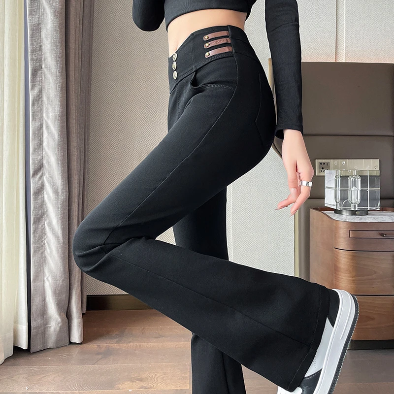 口袋外贸拖地裤加长微喇叭裤开叉百搭女裤工厂直销黑色高腰秋冬