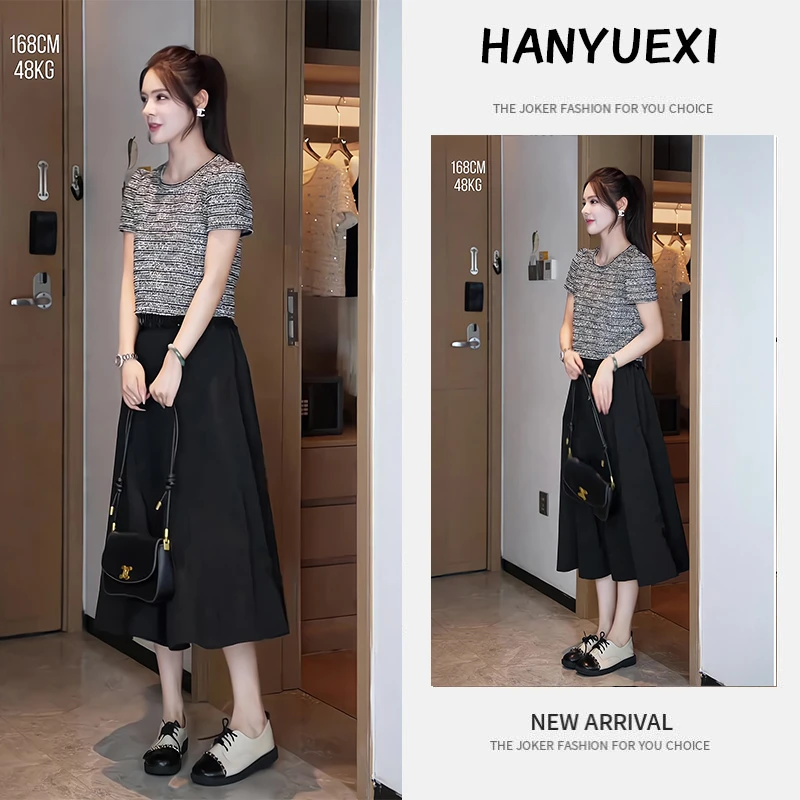 【现货】夏季一整套女装2025年新款韩版气质短袖上衣半身裙两件套