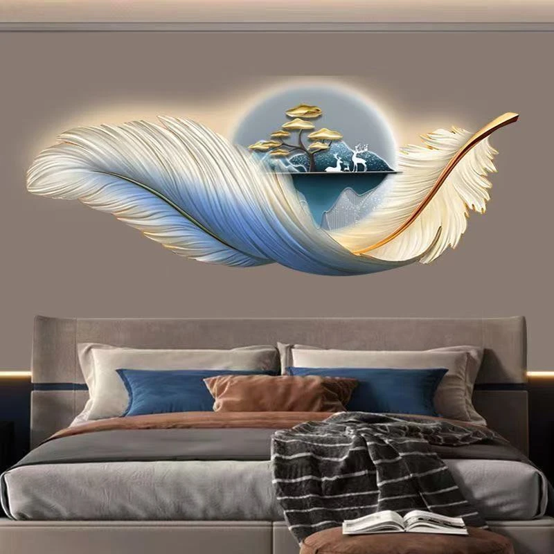 羽毛卧室床头装饰画可做灯光背景墙轻奢壁画挂画