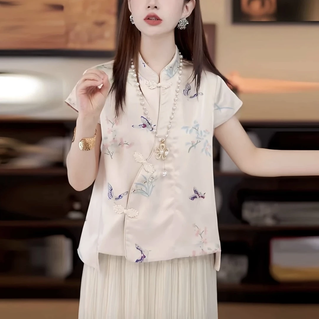 【兰栀】短袖立领盘扣上衣女国潮中国风唐装印花衬衫上衣