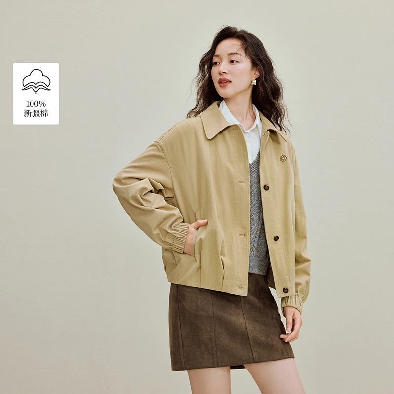 茵曼25纯棉复古休闲收褶短款外套落肩宽松上衣外套女秋冬款