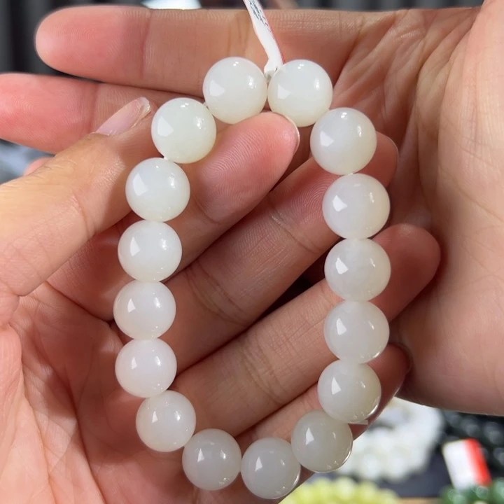 和田玉手串未镶嵌青海野牛沟白玉卡12圆珠