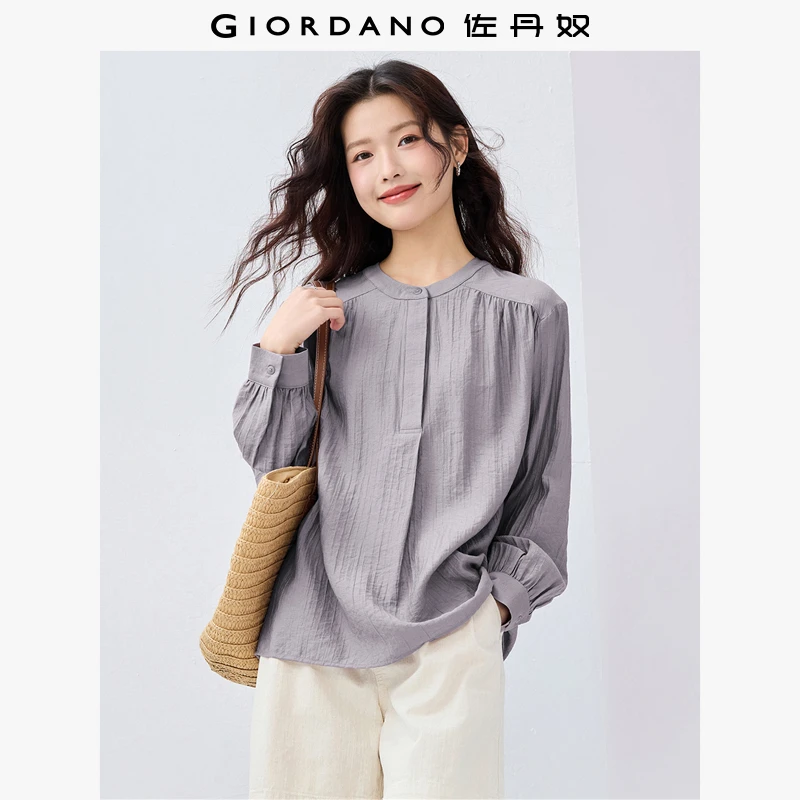 佐丹奴衬衫女装欧若风穿搭肩膀压褶通勤气质圆领长袖衬衫05345103