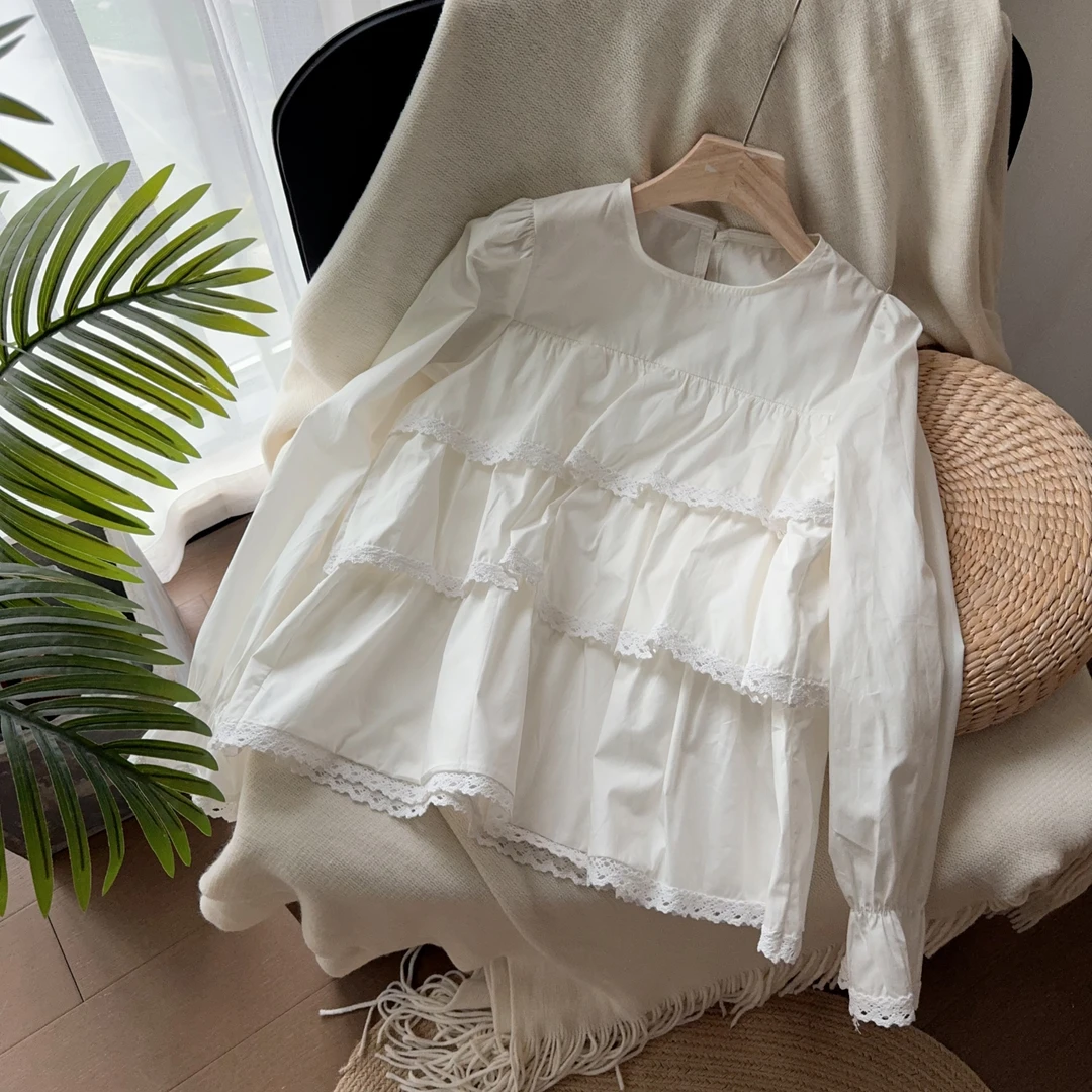 法式常规拼接纯色长袖喇叭袖衬衫娃娃衫小众小衫白色甜美宽松1020