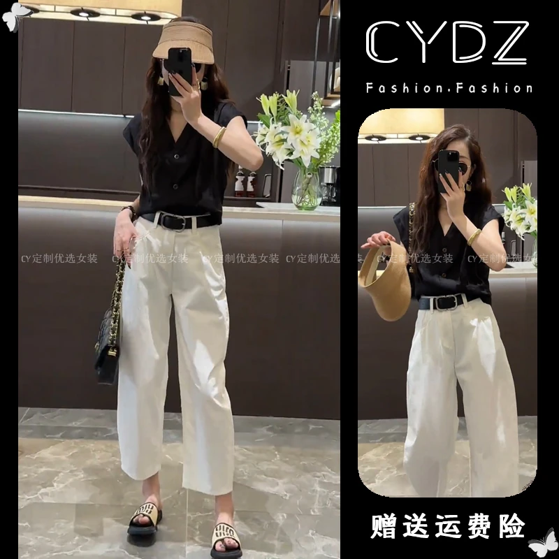 2025夏季新款无袖百搭小众别致V领上衣休闲阔腿九分裤两件套装女