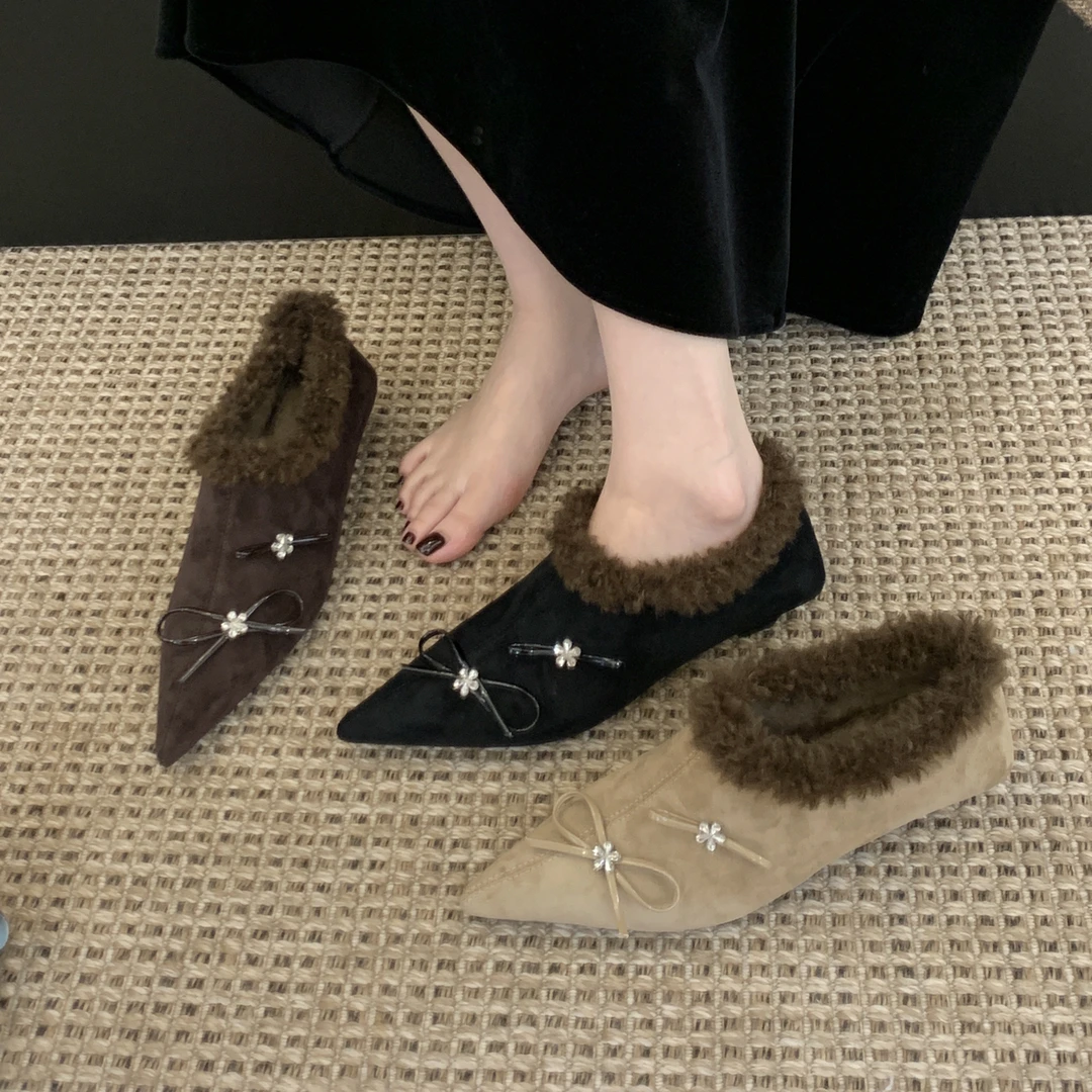 梦梦家 G5-23 秋冬新款设计感小众加绒保暖系带深口毛毛加绒单鞋