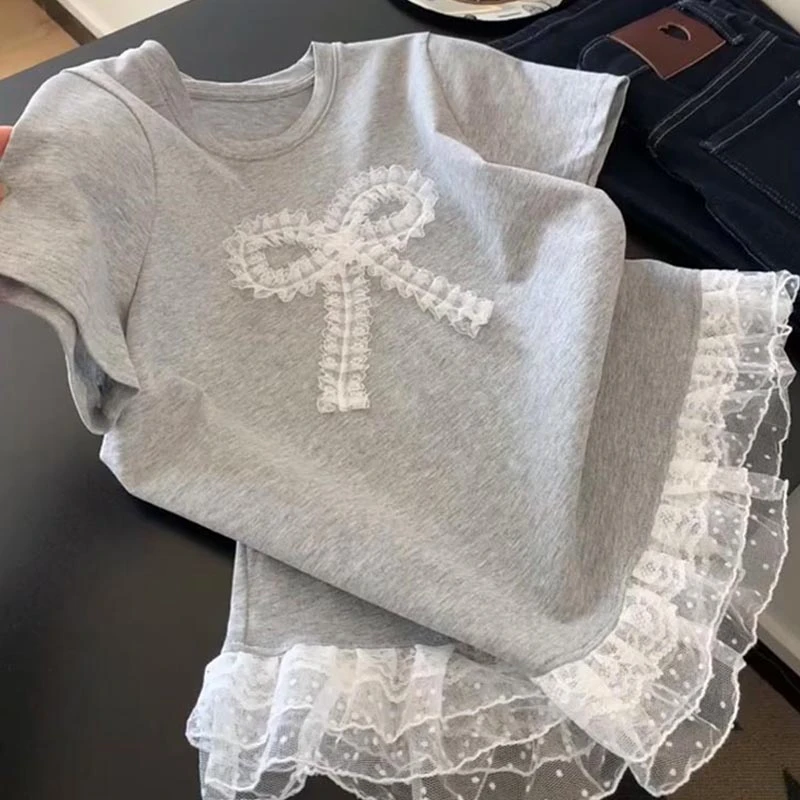 【8676】夏芭蕾风圆领蕾丝拼接短袖T恤女高级感独特漂亮小衫上衣