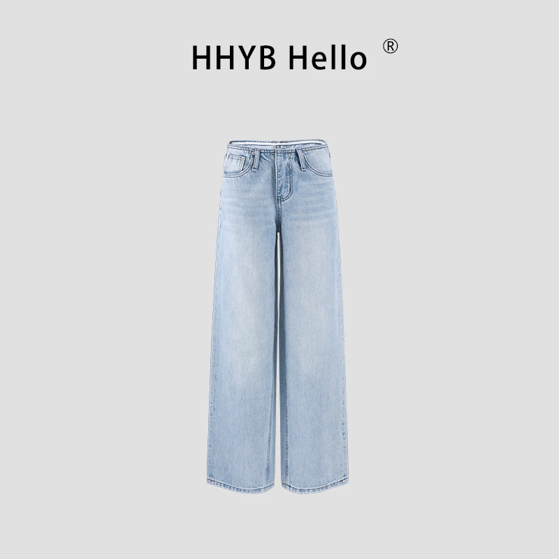 HHYB Hello无腰头低腰做旧水洗直筒裤磨边裤脚设计牛仔裤Q264021