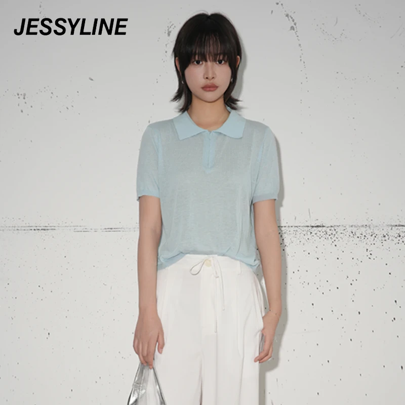 jessyline2025夏季新款 杰茜莱蓝色薄款短袖针织衫 523104556