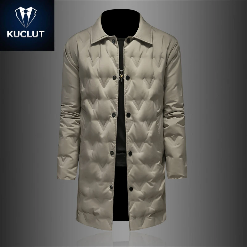 白鸭绒羽绒服男士翻领菱形格时尚外套加厚潮牌冬季新款轻薄长款