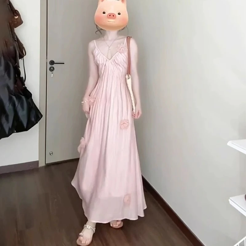 海边拍照裙子粉色花朵度假风吊带连衣裙温柔甜美仙女高级感沙滩裙