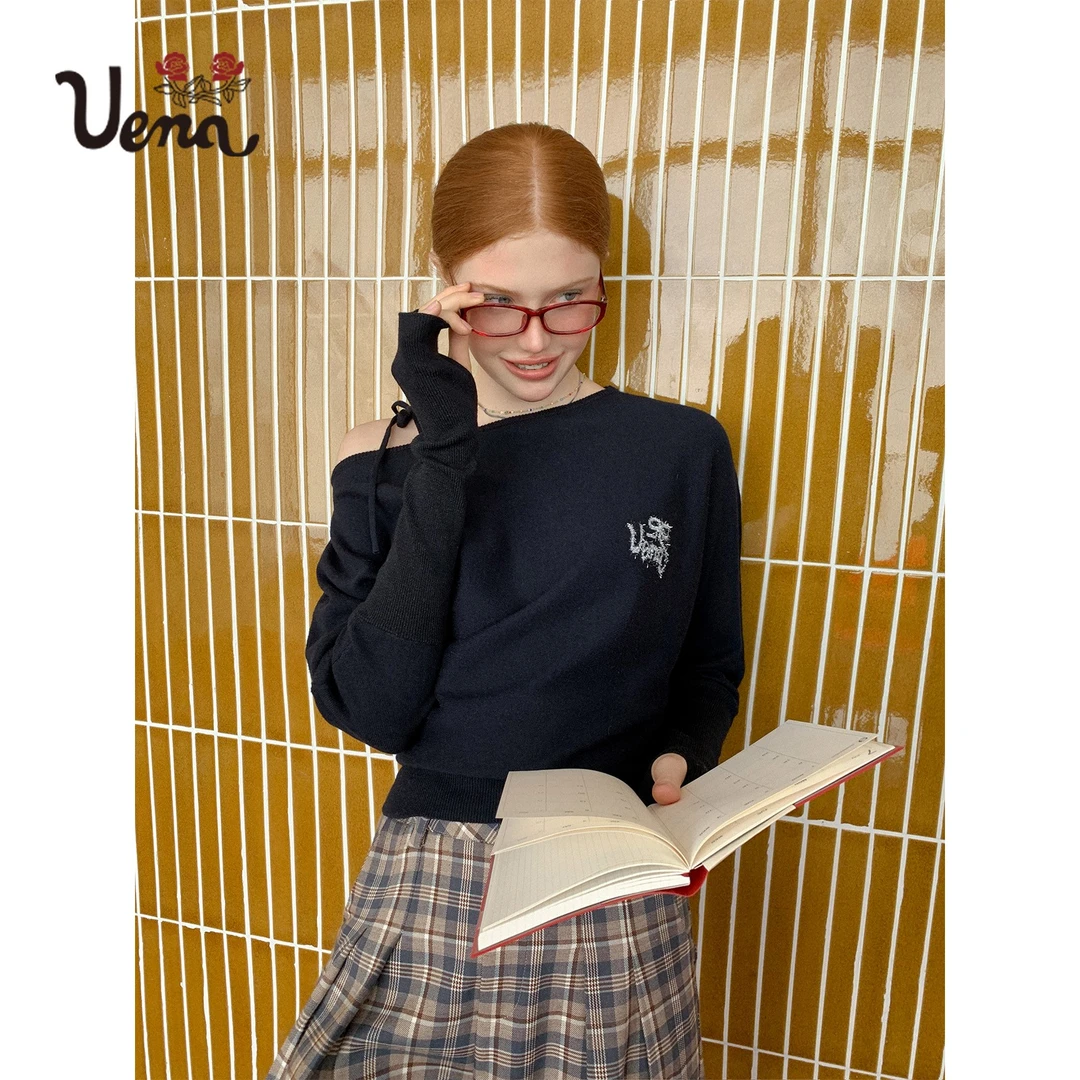 【雾都夜雨】Uena美式复古藏青色露肩绑带绵羊毛混纺斜肩针织衫女