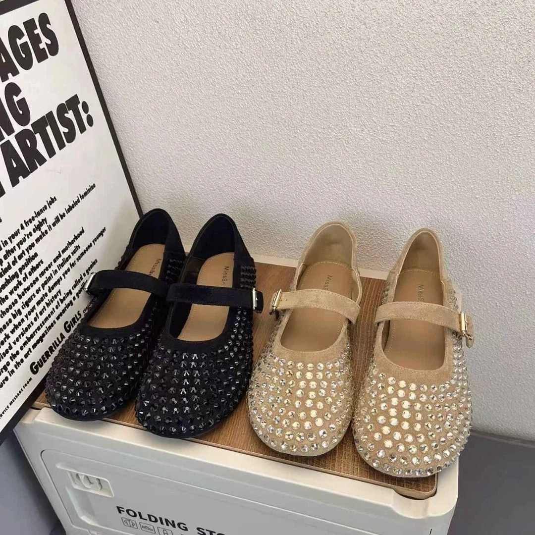 6801高级感水钻满钻一字带浅口单鞋女春新款气质平软底玛丽珍鞋女