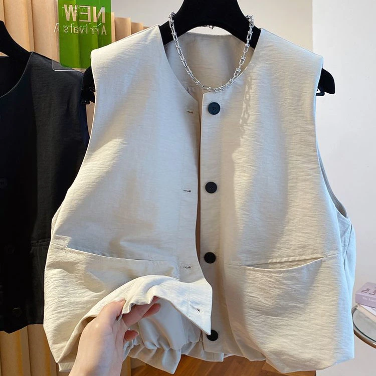 欧洲站2025春季新款圆领无袖坎肩马甲女阔型宽松显瘦背心马夹上衣