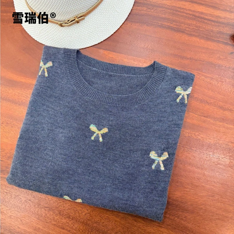 【羊毛桑蚕丝】七彩蝴蝶结春夏优雅黑灰圆领女打底衫宽松针织衫625