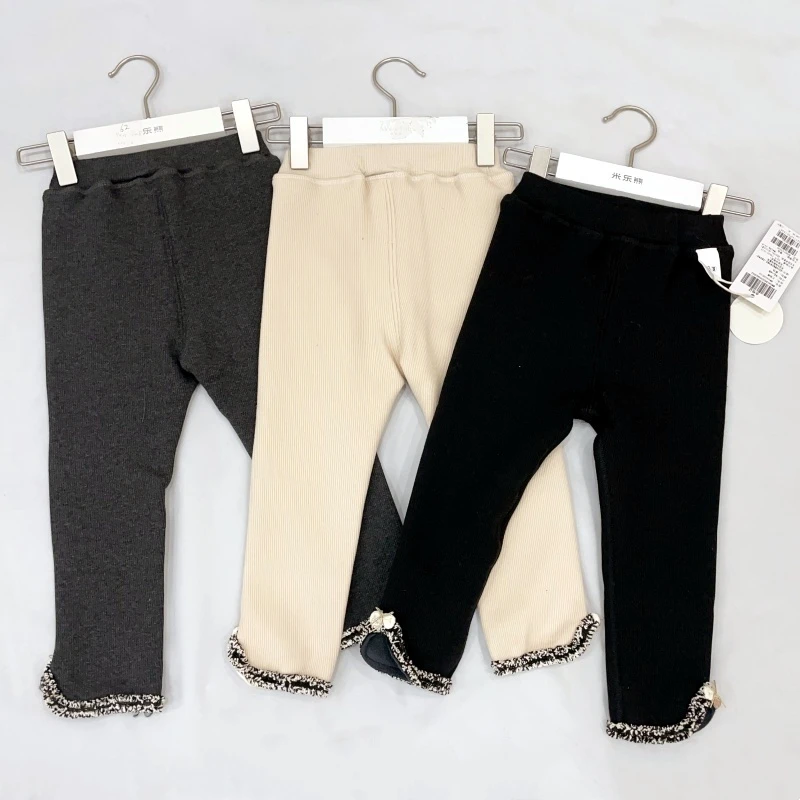 米乐熊一体绒小香风高密坑条毛边打底裤0422