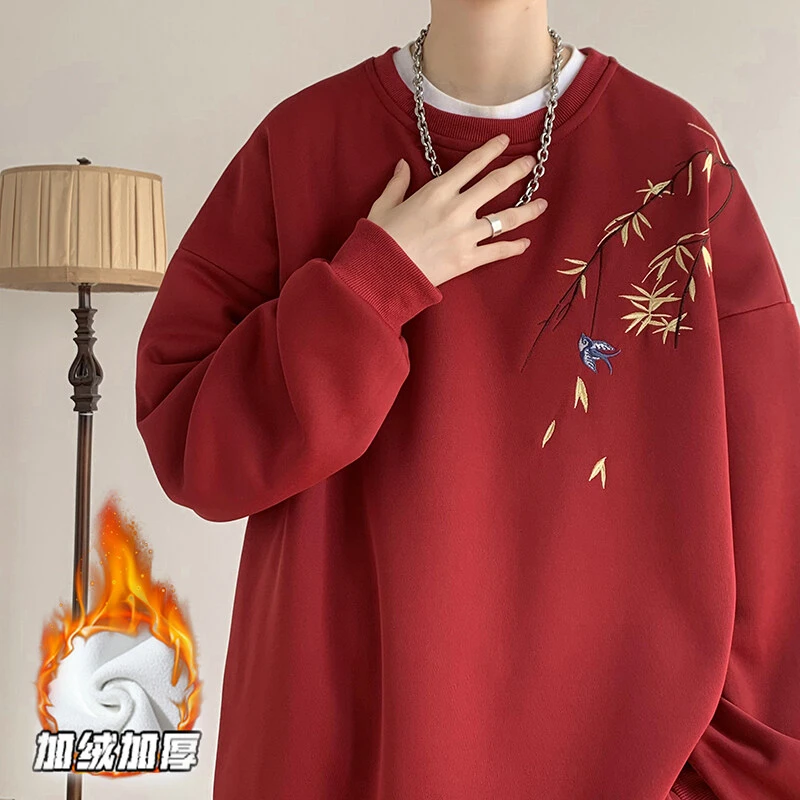 新中式刺绣卫衣男春季新款国风上衣潮牌潮流重磅红色圆领无帽外套