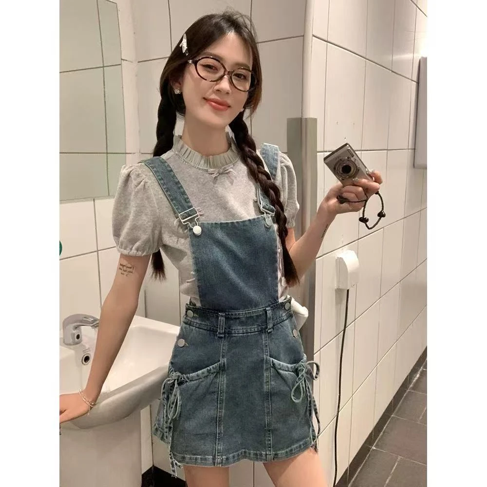 027-韩系花边领短袖T恤水洗蝴蝶结背带牛仔裤女2025新款时尚套装