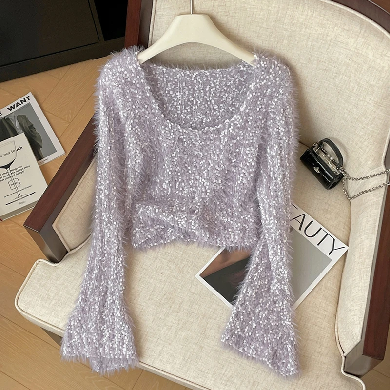 慵懒风软糯毛衣女2025年春秋新款毛绒绒短款宽松百搭针织衫上衣