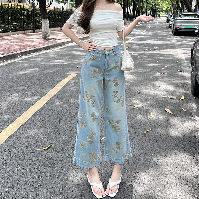 秋季扎染印花直筒牛仔裤女薄款2025新款高腰显瘦小个子宽松阔腿裤