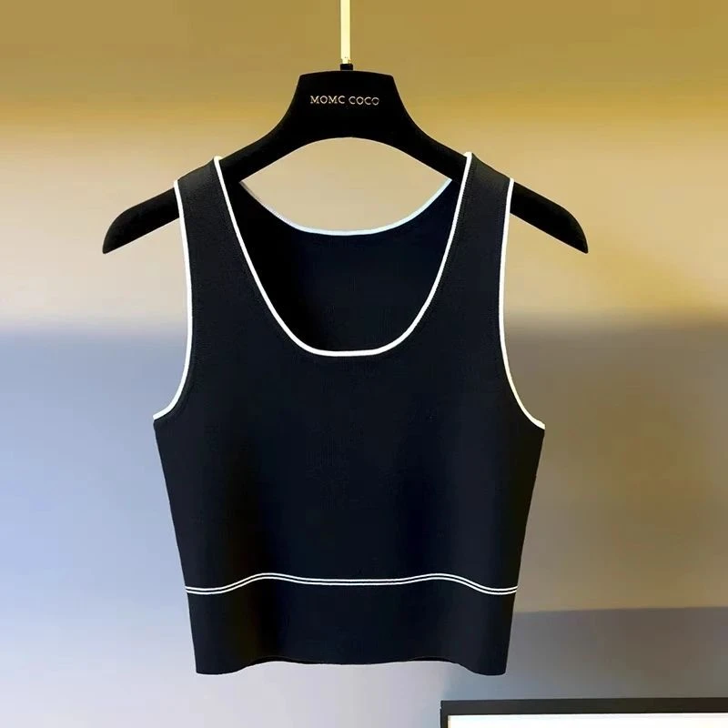 欧货小香风夏季外穿无袖吊带背心女打底短款条纹内搭冰丝上衣