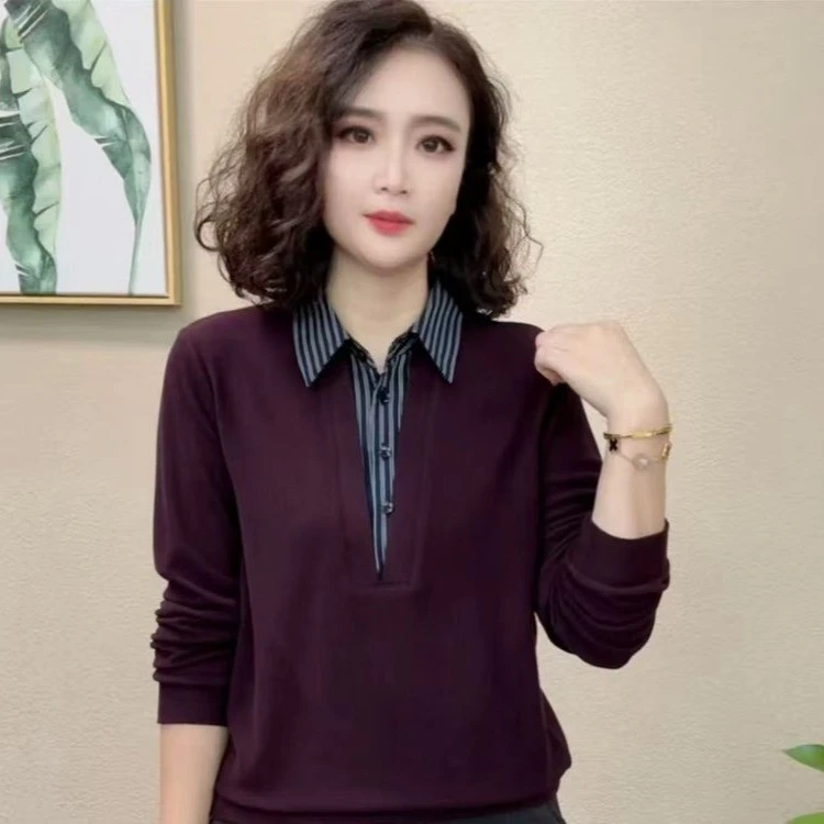 秋季新款气质假两件翻领条纹衬衫上衣时尚百搭显洋气遮肚长袖外穿